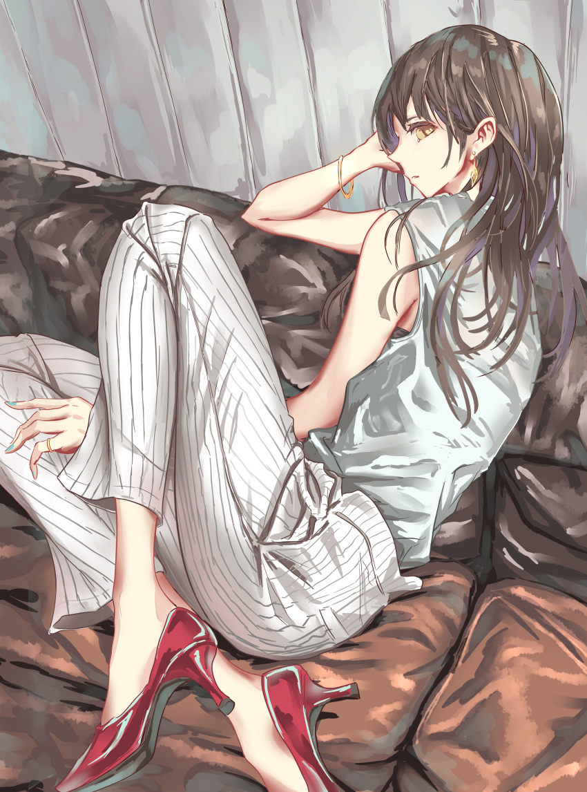 1girl absurdres brown_hair couch earrings high_heels highres jewelry long_hair looking_at_viewer lying on_side original pants pumps red_footwear shirt solo striped striped_pants sun_(sunsun28) white_shirt