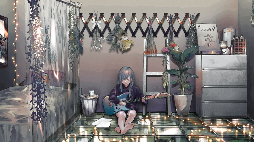 1girl against_wall bags_under_eyes bare_legs barefoot bed bed_sheet bedroom black_jacket blue_hair bouquet cabinet candle christmas_lights commentary_request crossed_ankles cup curtains electric_guitar expressionless flower flower_pot guitar hair_over_one_eye hat_rack hatsune_miku highres hood hood_down hooded_jacket indoors instrument jacket leaf long_hair long_sleeves looking_down nightstand orange_flower paper parted_lips pillow pink_eyes pink_flower pink_ribbon pink_rose plant purple_flower purple_rose ribbon rose saucer shiny shiny_hair sinomi sitting sitting_on_floor soles solo stairs straight_hair stuffed_animal stuffed_toy symbol_commentary teacup teddy_bear toenails transparent vocaloid white_flower white_ribbon wide_shot window yellow_flower