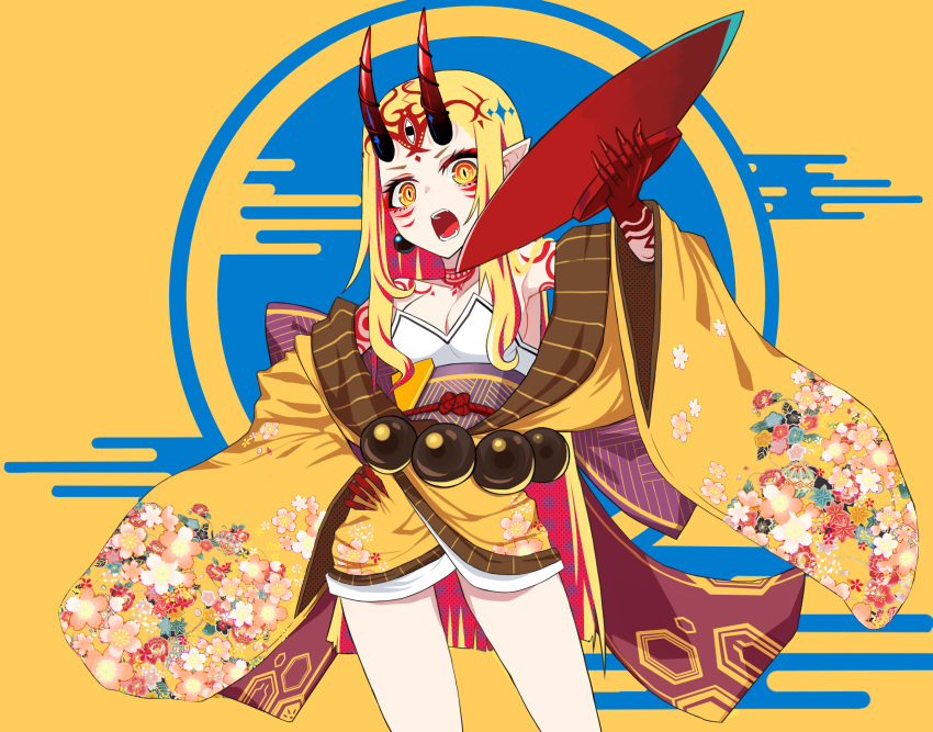 1girl absurdres bare_shoulders beads blonde_hair closed_mouth earrings facial_mark fate/grand_order fate_(series) floral_print highres ibaraki_douji_(fate/grand_order) japanese_clothes jewelry kimono legs_apart long_hair no_eyebrows no_nose obi off_shoulder oni oni_horns orange_eyes pointy_ears prayer_beads sash short_kimono sidelocks sleeves_past_wrists solo straight_hair tattoo tyureu very_long_hair wide_sleeves yellow_kimono