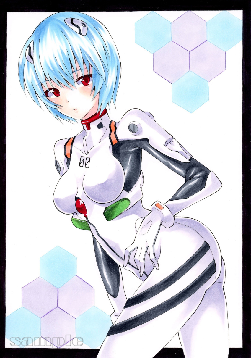 1girl absurdres ayanami_rei bangs blue_hair blush bodysuit breasts breasts_apart covered_nipples hair_between_eyes highres looking_at_viewer marker_(medium) medium_breasts neon_genesis_evangelion open_mouth plugsuit red_eyes sample shiny shiny_hair short_hair solo traditional_media white_background white_bodysuit yuiki_(cube)