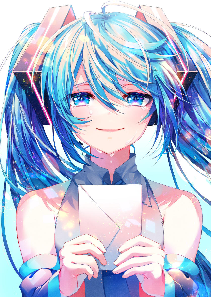 +_+ 1girl absurdres aqua_background backlighting bare_shoulders blue_eyes blue_hair blue_neckwear blurry bokeh breasts close-up closed_mouth collared_shirt crying crying_with_eyes_open depth_of_field detached_sleeves dot_nose eyebrows_visible_through_hair eyelashes eyes_visible_through_hair fingernails floating_hair furrowed_eyebrows gradient gradient_background hair_between_eyes half-closed_eyes hands_up happy happy_tears hatsune_miku highres holding holding_letter letter light_particles long_hair looking_at_viewer necktie shaded_face shiny shiny_hair shirayuki_towa shirt sidelocks simple_background small_breasts smile solo sparkle star tears twintails upper_body very_long_hair vocaloid white_background