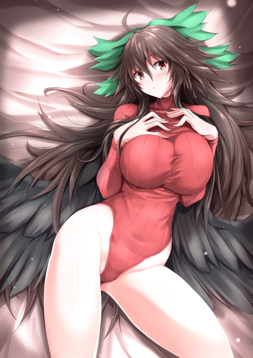 1girl absurdres ahoge bed_sheet black_hair black_wings blush bow breasts closed_mouth fingernails g_(desukingu) green_bow hair_between_eyes hand_on_own_chest highres large_breasts leotard long_hair long_sleeves looking_at_viewer lying messy_hair navel on_back on_bed red_eyes reiuji_utsuho ribbed_sweater solo sweater touhou turtleneck_leotard wings