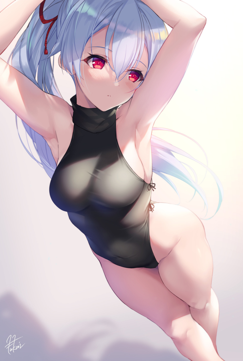 armpits arms_up bangs bare_arms bare_hips bare_legs bare_shoulders black_leotard blue_hair blush breasts dutch_angle eyebrows_visible_through_hair fate/grand_order fate_(series) feet_out_of_frame fukai_ryousuke hair_ribbon highleg highleg_leotard highres large_breasts leotard long_hair looking_away looking_to_the_side parted_lips ponytail red_eyes red_ribbon ribbon sideboob standing tomoe_gozen_(fate/grand_order)
