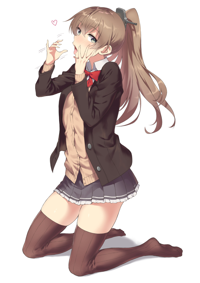 1girl absurdres black_skirt blouse blue_eyes blush brown_hair brown_jacket brown_legwear brown_sweater heart highres jacket kantai_collection kumano_(kantai_collection) long_hair long_sleeves mo3hig3 neck_ribbon open_mouth pleated_skirt ponytail red_ribbon remodel_(kantai_collection) ribbon school_uniform simple_background skirt solo sweater thigh-highs tongue tongue_out white_background white_blouse