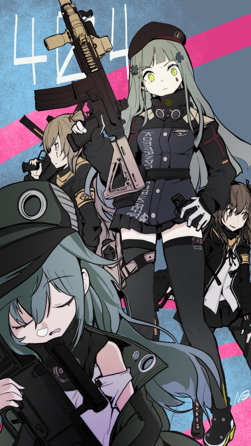 404_(girls_frontline) 404_logo_(girls_frontline) 4girls armband assault_rifle bangs beret black_jacket black_legwear blunt_bangs brown_eyes brown_hair closed_eyes commentary_request cross_hair_ornament facial_mark flat_chest g11_(girls_frontline) german_flag girls_frontline green_eyes green_headwear green_jacket grip gun h&amp;k_g11 h&amp;k_hk416 h&amp;k_ump h&amp;k_ump45 h&amp;k_ump9 hair_ornament hat highres hk416_(girls_frontline) hood hooded_jacket jacket long_hair mineta_naoki multiple_girls one_side_up pantyhose rifle scar scar_across_eye scope shirt shoulder_cutout silver_hair sleeping submachine_gun teardrop thigh-highs trigger_discipline ump45_(girls_frontline) ump9_(girls_frontline) weapon white_shirt