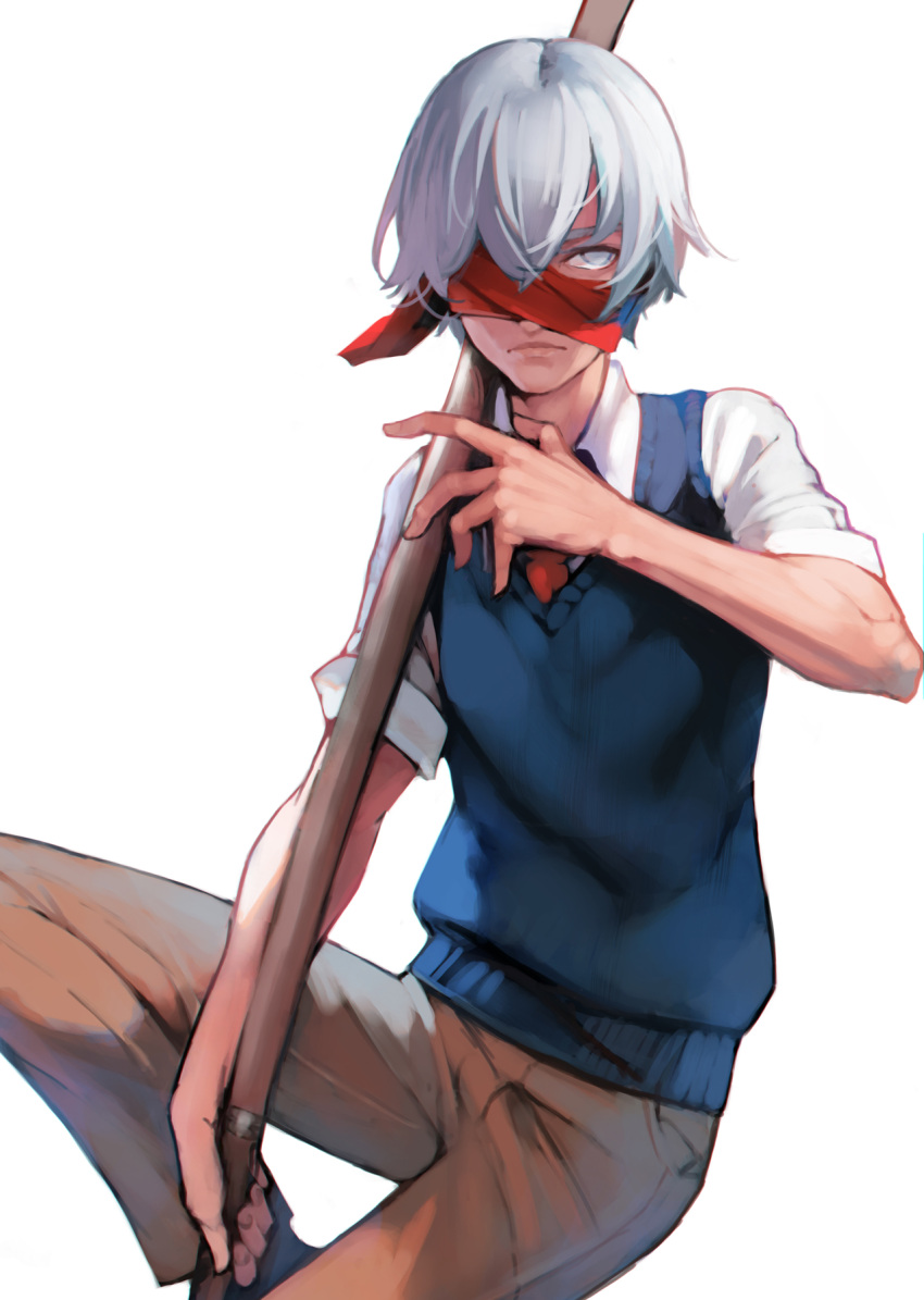 1boy ataruman blindfold closed_mouth highres holding holding_sword holding_weapon neckwear original red_blindfold red_neckwear scabbard sheath simple_background sleeves_rolled_up solo sword weapon white_background white_eyes white_hair