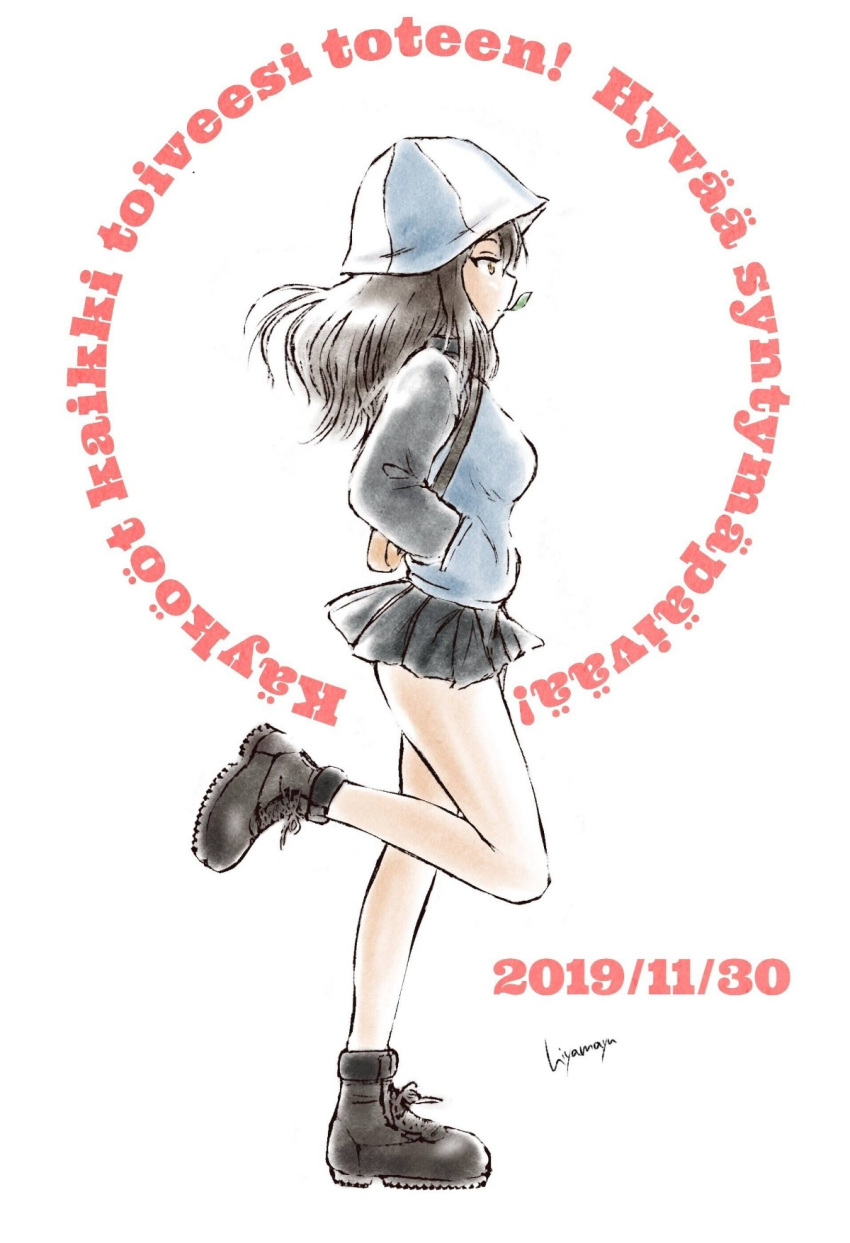 1girl ankle_boots artist_name black_footwear blue_headwear blue_jacket blue_skirt boots brown_eyes brown_hair carrying dated finnish_text from_side girls_und_panzer hand_in_pocket hat highres instrument jacket kantele keizoku_military_uniform leaf leg_up long_hair long_sleeves mika_(girls_und_panzer) military military_uniform miniskirt mouth_hold pleated_skirt raglan_sleeves signature skirt solo standing standing_on_one_leg track_jacket translation_request uniform wee259hiyama