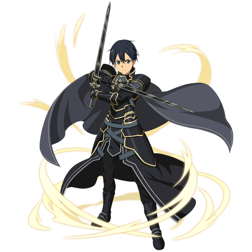 1boy belt black_eyes black_footwear black_hair black_pants black_skirt boots cape closed_mouth dual_wielding gauntlets grey_belt grey_cape highres holding holding_sword holding_weapon kirito looking_at_viewer male_focus official_art overskirt pants shiny shiny_hair shoulder_armor skirt solo spaulders sword sword_art_online transparent_background weapon