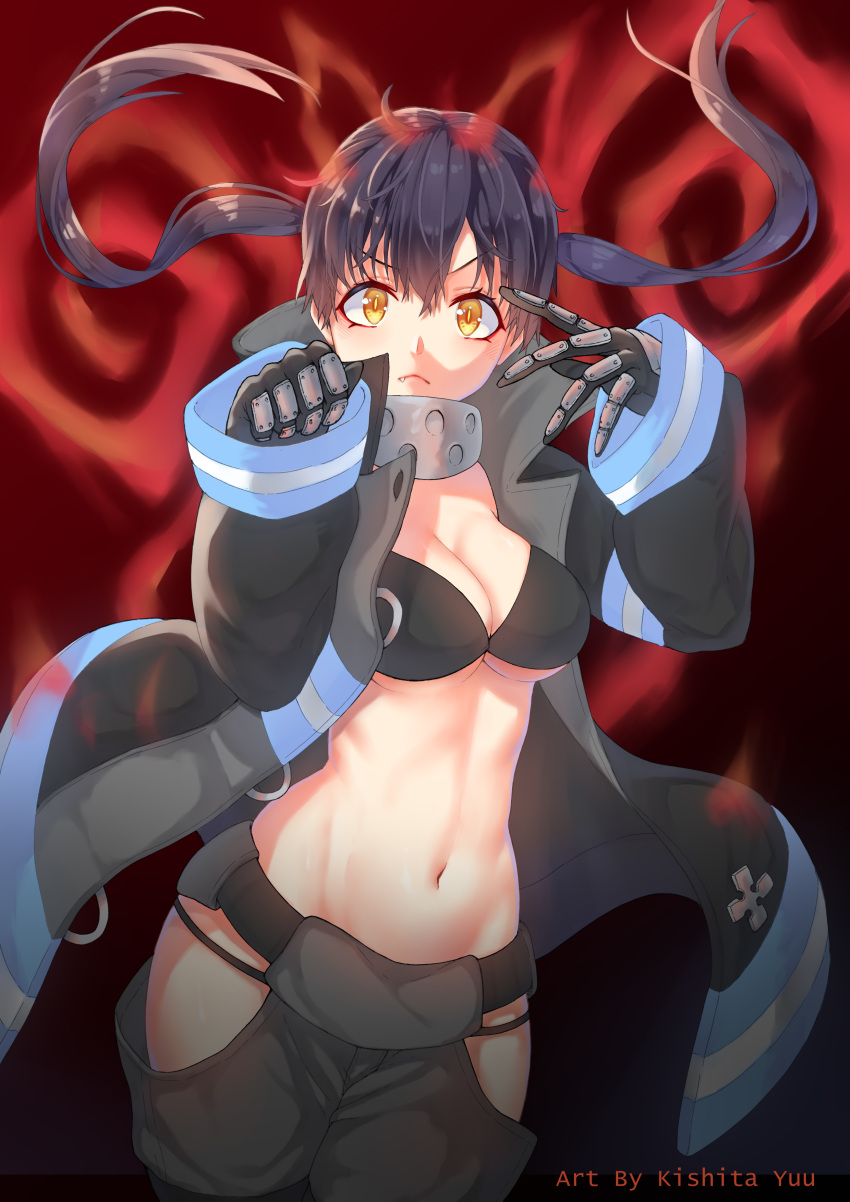 1girl :&lt; absurdres artist_name baggy_pants bangs bikini black_bikini black_bikini_top black_coat black_gloves black_hair breasts clenched_hand coat cowboy_shot en'en_no_shouboutai english_commentary fang fang_out fiery_ears fiery_tail fire firefighter gloves gradient gradient_background grey_pants groin hair_between_eyes highres hip_vent kishita_yuu large_breasts long_sleeves looking_at_viewer midriff navel open_clothes open_coat pants paw_pose red_background solo swimsuit tail tamaki_kotatsu twintails v-shaped_eyebrows yellow_eyes