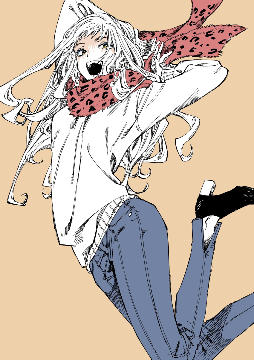 1girl animal_print arms_up belt denim heart heart-shaped_pupils high_heels highres jeans jumping leopard_print long_hair open_mouth original pants red_scarf scarf shaded_face simple_background solo sweater symbol-shaped_pupils teeth yellow_background yellow_eyes yozudami