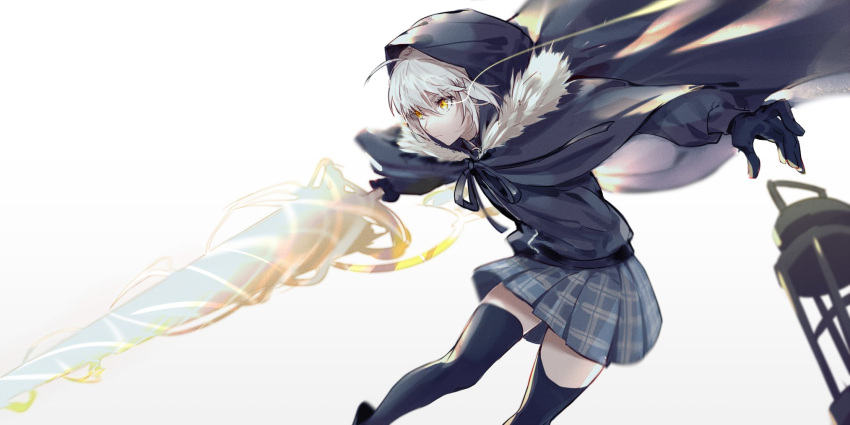 1girl ahoge black_legwear csyko fate_(series) gloves glowing glowing_eyes gray_(lord_el-melloi_ii) grey_hair highres holding_cage hood hood_up lance lord_el-melloi_ii_case_files plaid plaid_skirt polearm rhongomyniad skirt solo thigh-highs weapon white_background yellow_eyes zettai_ryouiki