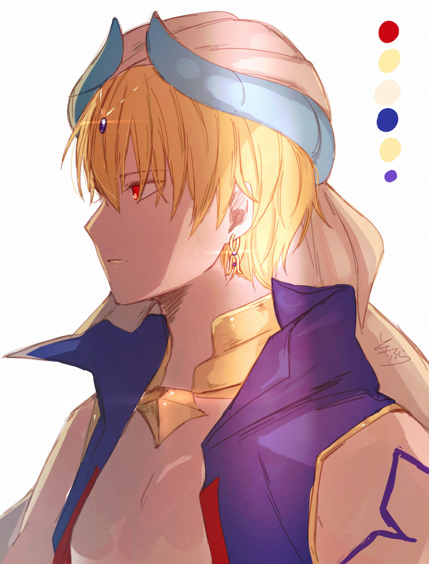 1boy absurdres arabian_clothes bangs bare_shoulders blonde_hair blue_vest color_guide commentary earrings eyebrows_visible_through_hair fate/grand_order fate_(series) gilgamesh gilgamesh_(caster)_(fate) hair_between_eyes highres jewelry looking_away male_focus open_clothes open_vest parted_lips profile red_eyes signature sofra solo turban upper_body vest white_background white_headwear