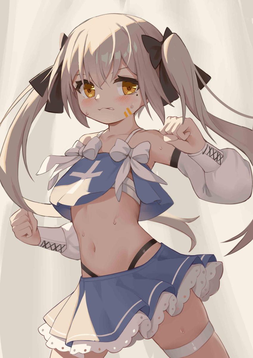1girl absurdres armpits bare_shoulders blue_shirt blue_skirt bow clenched_hands closed_mouth cowboy_shot crop_top crop_top_overhang detached_sleeves frilled_skirt frills grey_hair hair_bow highleg highres long_hair long_sleeves looking_at_viewer midriff miniskirt mole mole_under_eye navel orange_eyes original qianqiu_wanxia revealing_clothes shirt skirt sleeveless sleeveless_shirt solo spaghetti_strap stomach sweat thigh_strap twintails