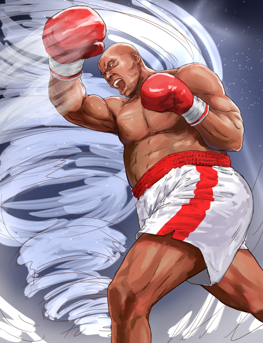 1boy abs axel_hawk bald boxing_gloves dark_skin fatal_fury highres l.g_(greenforce1) muscle open_mouth shirtless snk solo teeth whirlwind