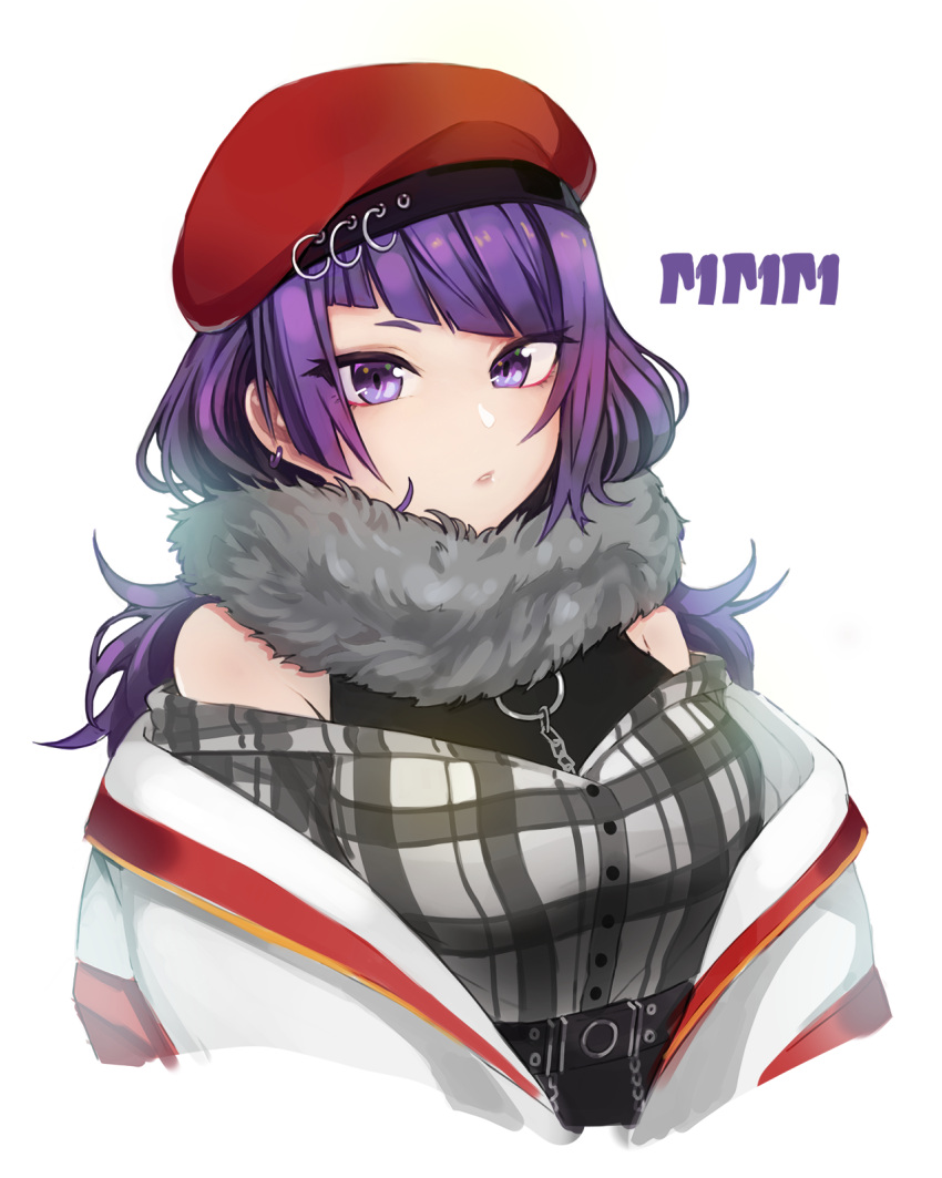 1girl bangs beret breasts diagonal_bangs earrings fur_trim hat highres idolmaster idolmaster_shiny_colors jacket jewelry long_hair looking_at_viewer nlitz parted_lips purple_hair simple_background solo tanaka_mamimi violet_eyes white_background