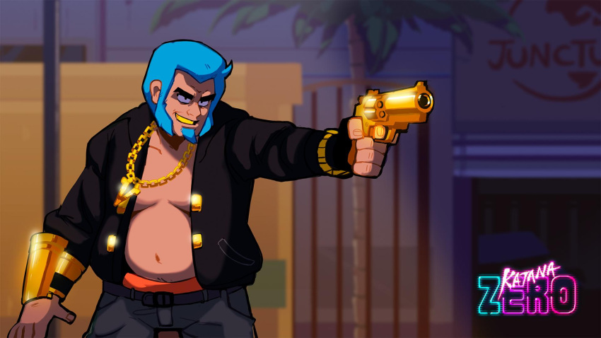 1boy bare_chest black_eyes blue_hair character_name copyright_name dark_skin dark_skinned_male denim facial_hair golden_gun grin gun handgun highres holding holding_gun holding_weapon jacket jeans jewelry katana_zero male_focus medium_hair necklace obese official_art pants plump pointing_weapon revolver shirtless smile solo trading_card v_(katana_zero) weapon whoisnassstya yellow_teeth