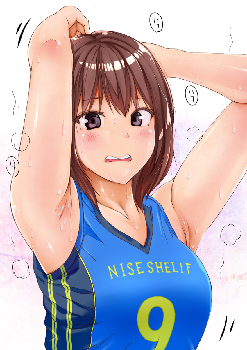 1girl armpits arms_behind_head arms_up blush highres open_mouth original sak1023 short_hair simple_background sweat tank_top