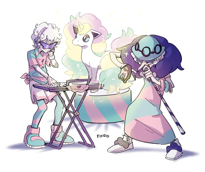 beet_(pokemon) dress findoworld galarian_form galarian_ponyta gen_8_pokemon glowing grey_hair gym_leader hat highres horn instrument keyboard_(instrument) microphone music old_woman playing_instrument pokemon pokemon_(game) pokemon_swsh poplar_(pokemon) simple_background singing standing striped_clothes sunglasses