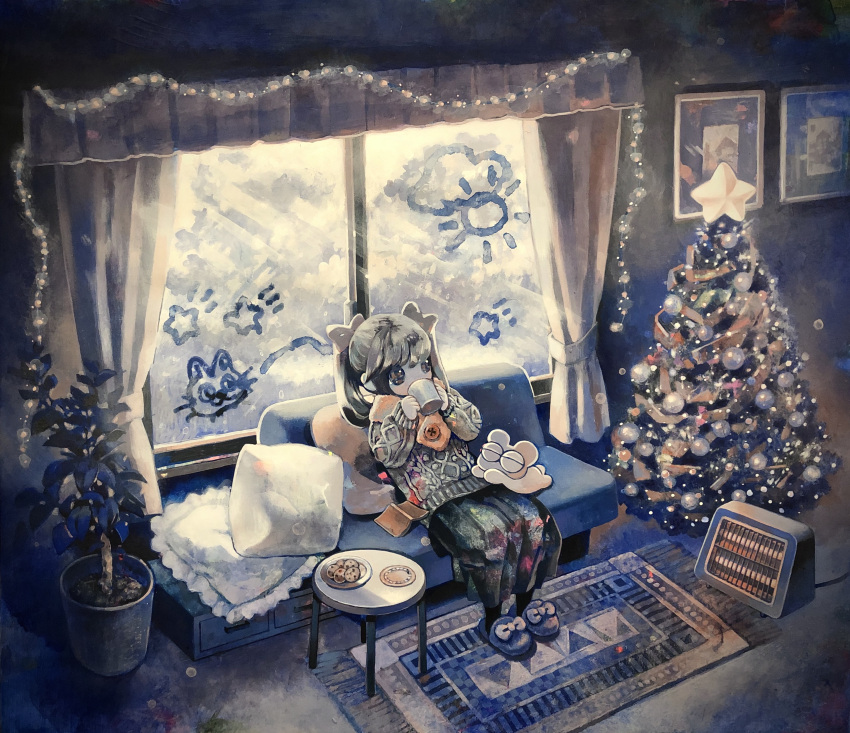 1girl absurdres bangs black_hair book christmas_tree cookie couch curtains drinking food glowing heater highres long_hair long_sleeves ootsuki_kana original pillow plate rug slippers solo star swept_bangs traditional_media twintails window window_fog window_writing