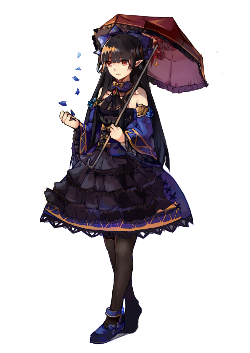1girl ascot bangs black_dress black_hair black_legwear black_neckwear blue_bow blue_sleeves blunt_bangs bow closed_mouth collarbone detached_sleeves dress eyebrows_visible_through_hair frilled_sleeves frilled_umbrella frills full_body gothic_lolita hair_between_eyes hair_bow highres holding holding_umbrella lanlanlu_(809930257) layered_dress lolita_fashion long_hair long_sleeves medium_dress original pantyhose petals pointy_ears red_eyes red_umbrella shiny shiny_hair simple_background sleeveless sleeveless_dress solo standing striped striped_dress umbrella very_long_hair white_background wide_sleeves
