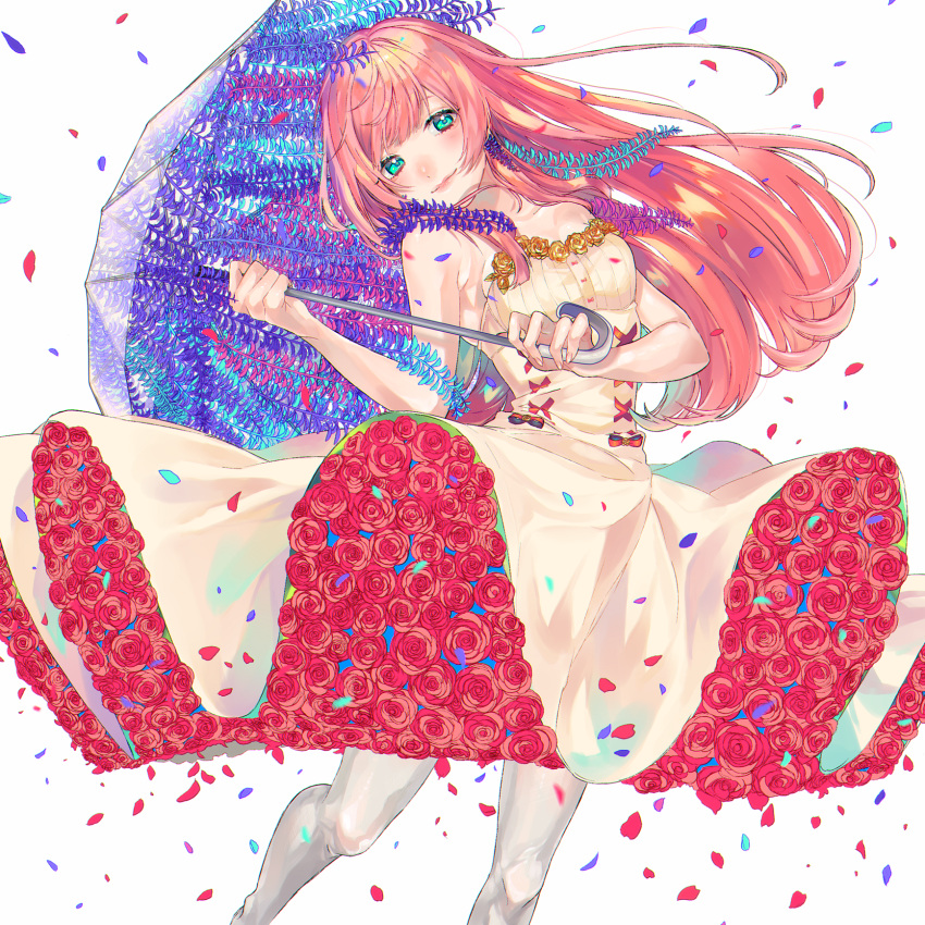 1girl bare_arms bare_shoulders blue_eyes blush breasts bubble_skirt closed_mouth commentary dot_nose dress dress_flower feet_out_of_frame fingernails floating_hair flower happy head_tilt highres holding holding_umbrella legs_apart long_hair looking_at_viewer medium_breasts original pantyhose petals pink_hair pink_ribbon plant pleated_dress red_flower red_ribbon red_rose ribbon rose shiny shiny_hair simple_background sinomi skirt smile solo standing straight_hair strapless strapless_dress symbol_commentary too_many too_many_flowers transparent transparent_umbrella umbrella white_background white_dress white_legwear x yellow_flower yellow_rose