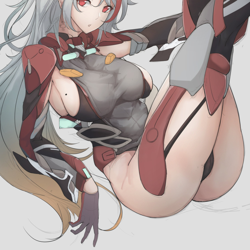 1girl absurdres azur_lane bodysuit boots breasts gloves grey_hair highres large_breasts legs_up long_hair looking_at_viewer mole mole_on_breast open_mouth prinz_eugen_(azur_lane) reclining red_eyes sideboob sketch solo thigh-highs thigh_boots thighs white_background work_in_progress yusha_(m-gata)