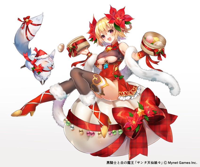 1girl absurdres black_legwear blonde_hair boots breasts china_dress chinese_clothes covered_navel dress eyebrows_visible_through_hair flower full_body hair_flower hair_ornament high_heels highres kurokishi_to_shiro_no_maou looking_at_viewer medium_breasts open_mouth red_eyes sakofu short_hair solo thigh-highs under_boob white_background