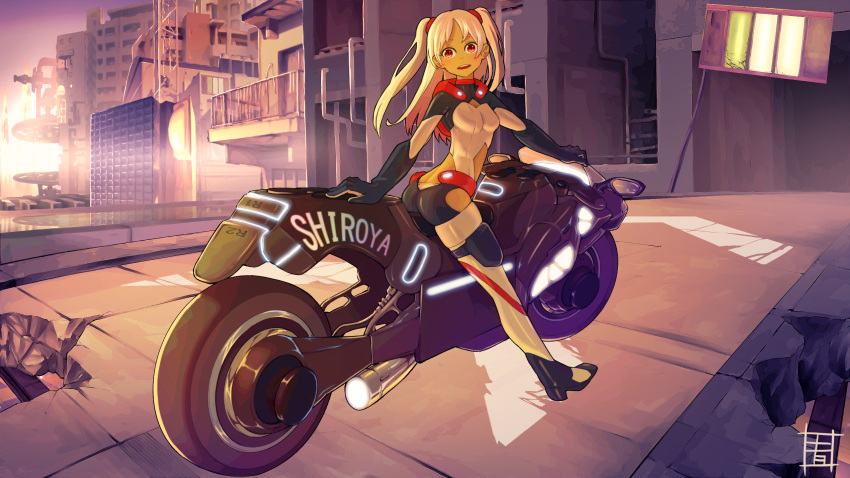 1girl ass blonde_hair blush bodysuit breasts dark_skin ground_vehicle highres long_hair motor_vehicle motorcycle open_mouth original red_eyes scenery tan twintails user_aamw2233