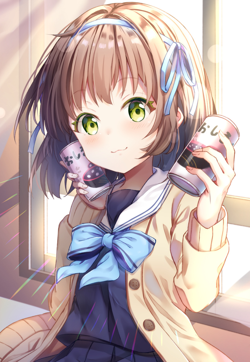 1girl :3 backlighting bangs blue_bow blue_ribbon blue_serafuku blue_shirt blue_skirt blush bow brown_hair can closed_mouth commentary_request day eyebrows_visible_through_hair green_eyes hair_ribbon hands_up highres holding holding_can jacket long_hair long_sleeves looking_at_viewer open_clothes open_jacket original pleated_skirt ribbon sailor_collar school_uniform serafuku shirt skirt solo striped striped_bow sunlight torokeru_none white_sailor_collar window yellow_jacket