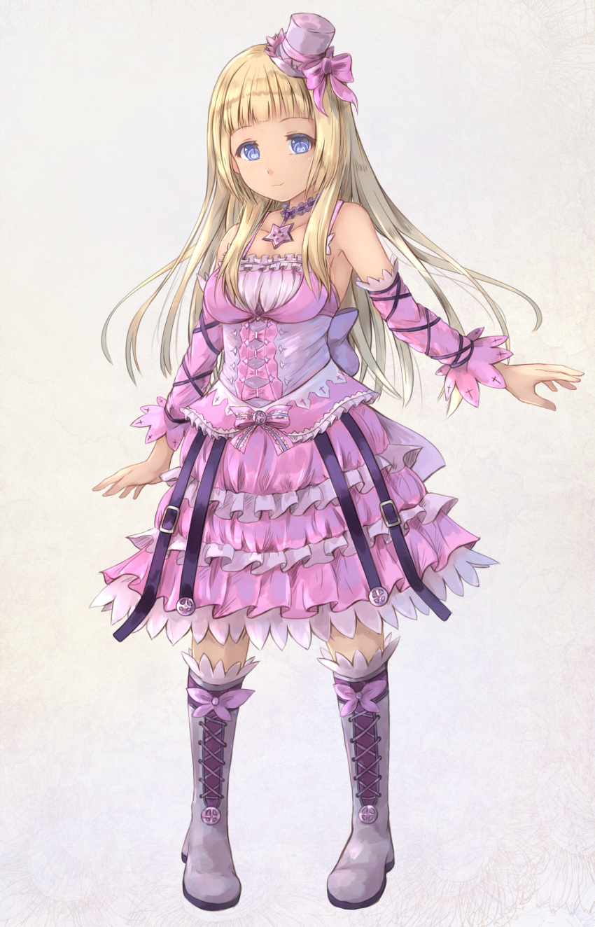 1girl :3 absurdres aura_kingdom bangs blonde_hair blue_eyes blush boots bow closed_mouth commentary detached_sleeves dress english_commentary eyebrows_visible_through_hair frilled_dress frills full_body grey_background grey_footwear grey_headwear hat hat_bow highres hikari_niji layered_dress long_hair long_sleeves looking_at_viewer mini_hat mini_top_hat pigeon-toed pink_bow pink_dress pink_sleeves simple_background slit_pupils solo standing tilted_headwear top_hat very_long_hair