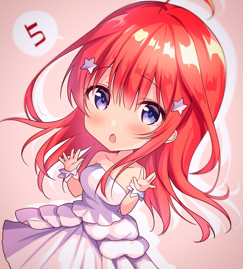 1girl ahoge amedamacon bangs bare_shoulders blush breasts chibi commentary_request dress eyebrows_visible_through_hair go-toubun_no_hanayome hair_between_eyes hair_ornament hands_up highres long_hair medium_breasts nakano_itsuki open_mouth redhead solo star star_hair_ornament strapless strapless_dress very_long_hair violet_eyes white_dress wrist_cuffs