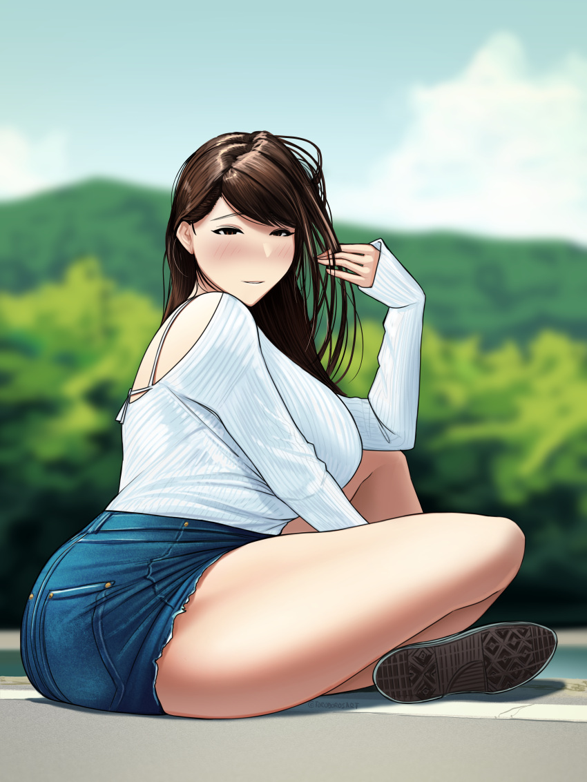 1girl absurdres artist_name backless_outfit bangs blush bra_strap breasts brown_eyes brown_hair crossed_legs cutoffs day denim denim_shorts hair_tousle highres long_hair looking_at_viewer looking_to_the_side no_nose original outdoors parted_bangs parted_hair parted_lips pocket shirt shirt_tucked_in shorts sitting solo thick_thighs thighs toroboro tree tsurime white_shirt