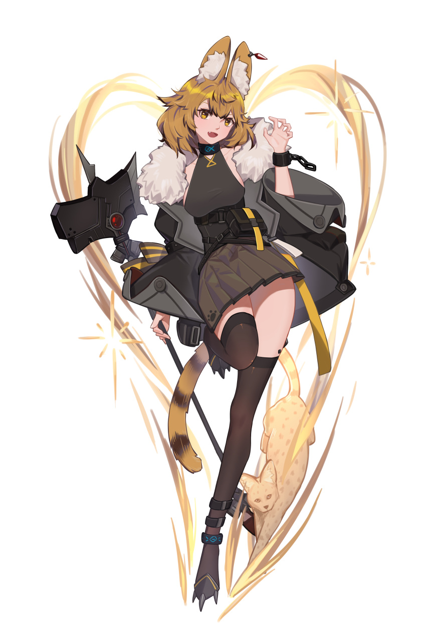 1girl absurdres animal_ears arknights black_jacket cat chain choker claw_pose collarbone cuffs earrings fang fur_trim heart highres holding holding_weapon jacket jewelry open_mouth paw_print pouch shackles skirt tail weapon xtears_kitsune yellow_eyes