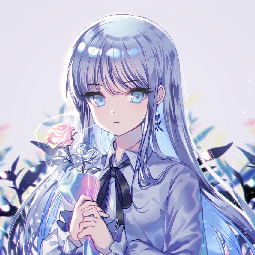 1girl bangs black_ribbon blue_eyes blue_flower blue_hair blue_rose blurry blurry_background closed_mouth collared_shirt commentary depth_of_field earrings english_commentary eyebrows_visible_through_hair flower grey_background grey_shirt highres holding holding_flower jewelry long_hair long_sleeves looking_at_viewer mechuragi multicolored_hair neck_ribbon original pink_flower pink_rose ribbon rose shirt silver_hair solo two-tone_hair upper_body very_long_hair