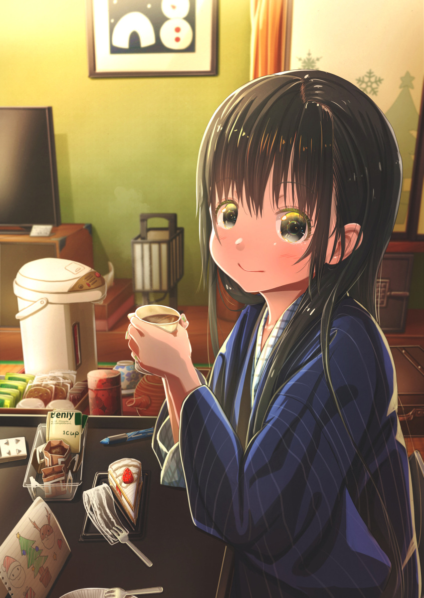 1girl abo_(kawatasyunnnosukesabu) bangs black_eyes black_hair blue_kimono christmas coffee coffee_cup coffee_pot commentary_request cup disposable_cup drawing food fork heater highres holding holding_cup indoors japanese_clothes kimono long_hair long_sleeves looking_at_viewer nail_polish original packet paper pen picture_frame smile solo strawberry_shortcake striped striped_kimono striped_nails table television wrapper yukata