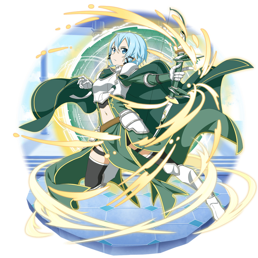 1girl armored_boots black_legwear black_ribbon black_shorts blue_eyes blue_hair boots bow_(weapon) breastplate cape closed_mouth firing frown green_cape green_skirt hair_between_eyes hair_ribbon highres holding holding_bow_(weapon) holding_weapon knee_boots long_sleeves midriff navel official_art overskirt ribbon short_hair short_shorts shorts shoulder_armor sinon skirt solo spaulders stomach sword_art_online thigh-highs thigh_strap transparent_background weapon white_footwear