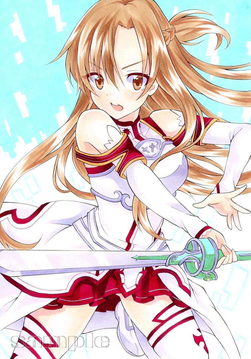 1girl absurdres asuna_(sao) braided_ponytail breastplate brown_hair cape detached_sleeves floating_hair hair_between_eyes highres holding holding_sword holding_weapon long_hair long_sleeves looking_at_viewer marker_(medium) miniskirt open_mouth pleated_skirt ponytail red_skirt sample skirt solo standing standing_on_one_leg sword sword_art_online thigh-highs traditional_media very_long_hair waist_cape weapon white_cape white_legwear white_sleeves yuiki_(cube) zettai_ryouiki