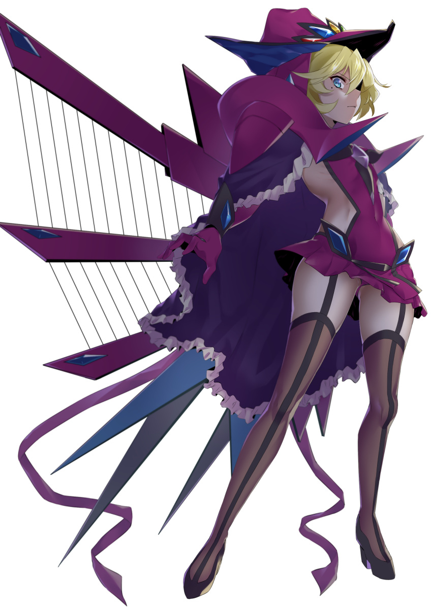 1girl absurdres ass_visible_through_thighs blonde_hair blue_eyes capelet carol_malus_dienheim covered_navel elbow_gloves fingernails gloves hal-bard hat highres leotard looking_at_viewer mole mole_under_eye pauldrons ribs senki_zesshou_symphogear shiny shiny_hair shiny_skin short_hair side_cutout sideless_outfit simple_background skirt solo standing white_background