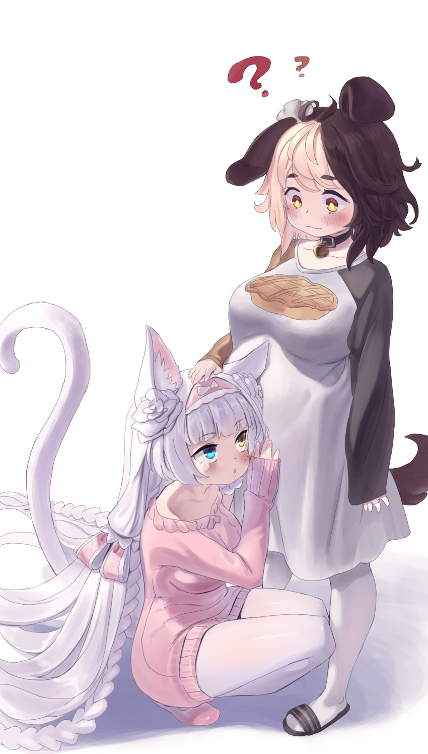 2girls :3 ?? absurdres animal_ears bell bell_collar blonde_hair blue_eyes blush braid brown_hair cat_ears cat_girl cat_tail collar cs_perrault dog_ears dog_girl dog_tail eyebrows_visible_through_hair hachiko_of_castling heterochromia highres last_origin long_hair looking_at_another multicolored_hair multiple_girls pantyhose pregnant rigor-mortis simple_background tail twin_braids two-tone_hair very_long_hair white_background white_legwear yellow_eyes