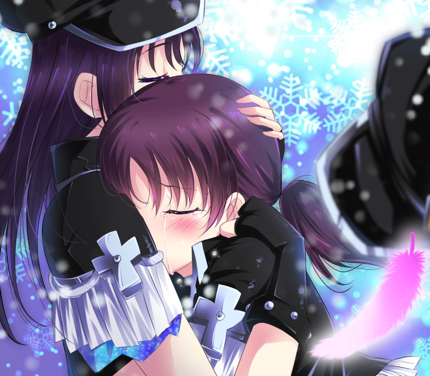 2girls black_gloves black_headwear blush closed_eyes crying eyebrows_visible_through_hair feathers fingerless_gloves gloves hands_on_another's_head hat highres hug kazuno_leah kazuno_sarah love_live! love_live!_sunshine!! multiple_girls peaked_cap purple_hair short_sleeves siblings sisters snowflakes tears twintails zero-theme