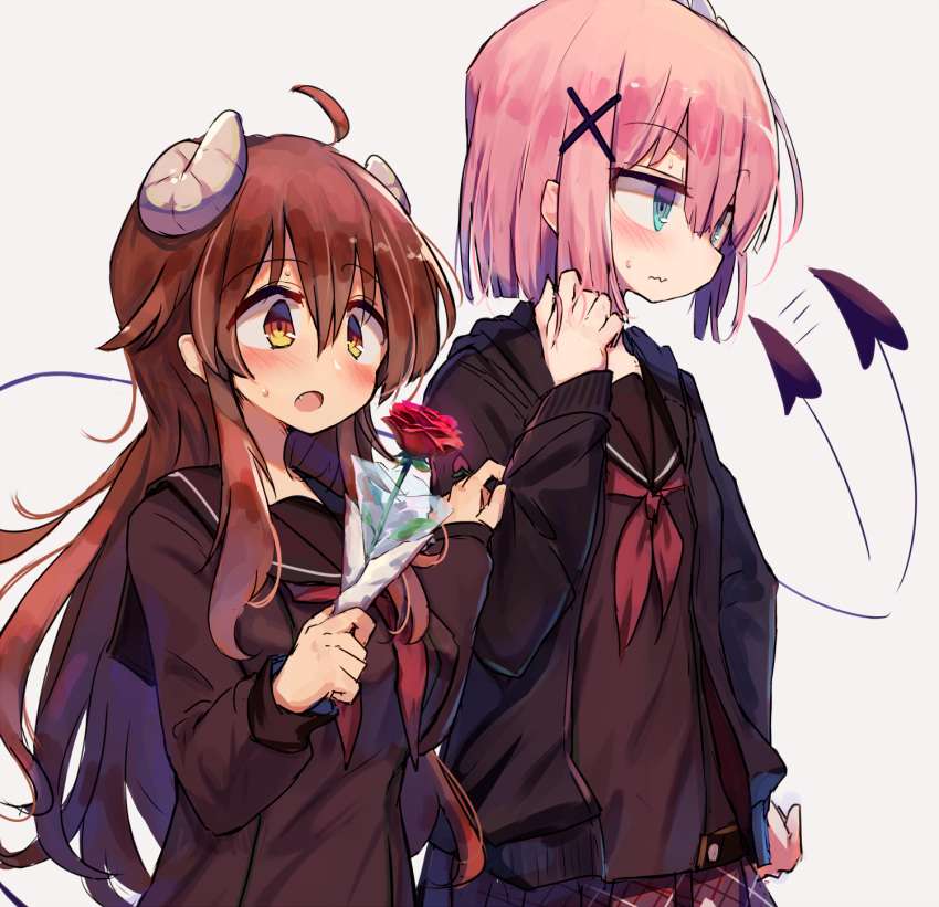 2girls ahoge beize_(garbage) blush brown_hair chiyoda_momo demon_girl demon_horns demon_tail eyebrows_visible_through_hair flower hair_ornament hairclip highres horns long_hair machikado_mazoku multiple_girls open_mouth pink_hair rose school_uniform shiny shiny_hair short_hair simple_background skirt sleeve_tug tail tail_wagging yoshida_yuuko_(machikado_mazoku) yuri