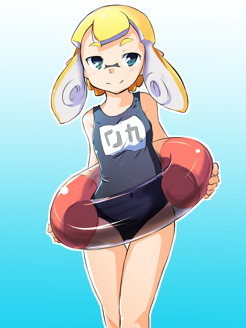 1girl aqua_background bangs blonde_hair blue_eyes blue_swimsuit blunt_bangs closed_mouth commentary covered_navel domino_mask gradient gradient_background highres holding holding_innertube inkling innertube light_blush looking_at_viewer mask medium_hair name_tag outline pointy_ears school_swimsuit smile solo splatoon_(series) standing swimsuit tentacle_hair thigh_gap toraneko555 white_outline