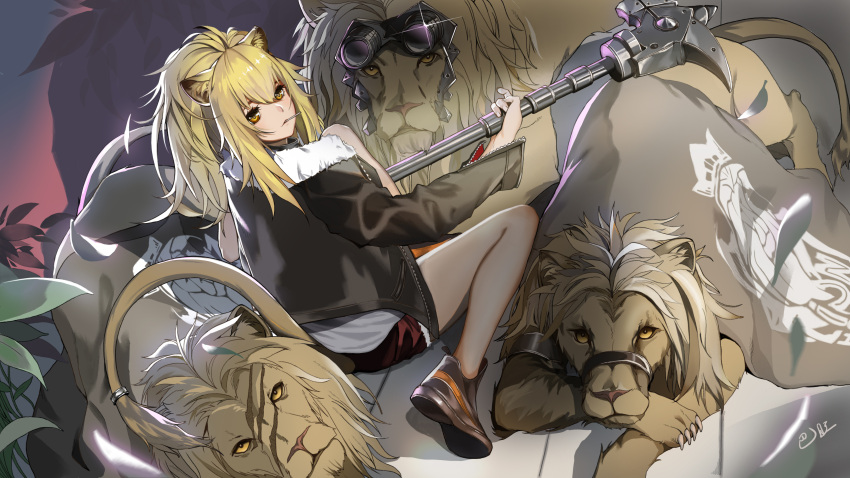 1girl 575765232 absurdres animal_ears arknights axe blonde_hair candy collar food fur-trimmed_jacket fur-trimmed_shorts fur_trim highres holding holding_axe jacket jewelry lion_ears lion_girl lion_tail lollipop scar shoes siege_(arknights) sneakers studded_choker studded_collar tail tank_top_lift toe_ring weapon white_tank_top