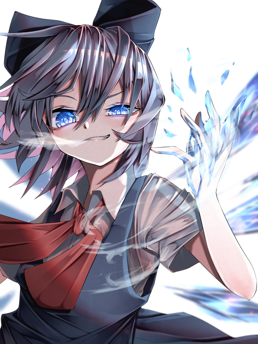 1girl ;d blouse blue_dress blue_eyes blue_hair blue_ribbon bow cirno doyagao dress fall_dommmmmer fighting frozen hair_bow hand_up highres ice ice_wings looking_at_viewer one_eye_closed open_mouth red_bow ribbon shirt short_hair short_sleeves simple_background smile smug solo touhou upper_body white_background white_shirt wing_collar wings