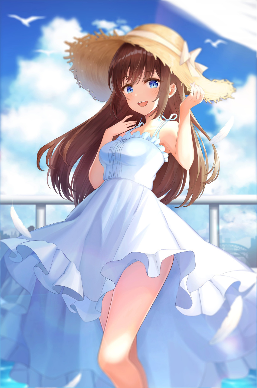 0v0_(l_seohui) 1girl absurdres blue_eyes blue_sky blurry blush breasts brown_hair clouds depth_of_field dress feathers hat highres holding holding_hat long_hair looking_at_viewer medium_breasts original railing sky smile solo straw_hat sundress