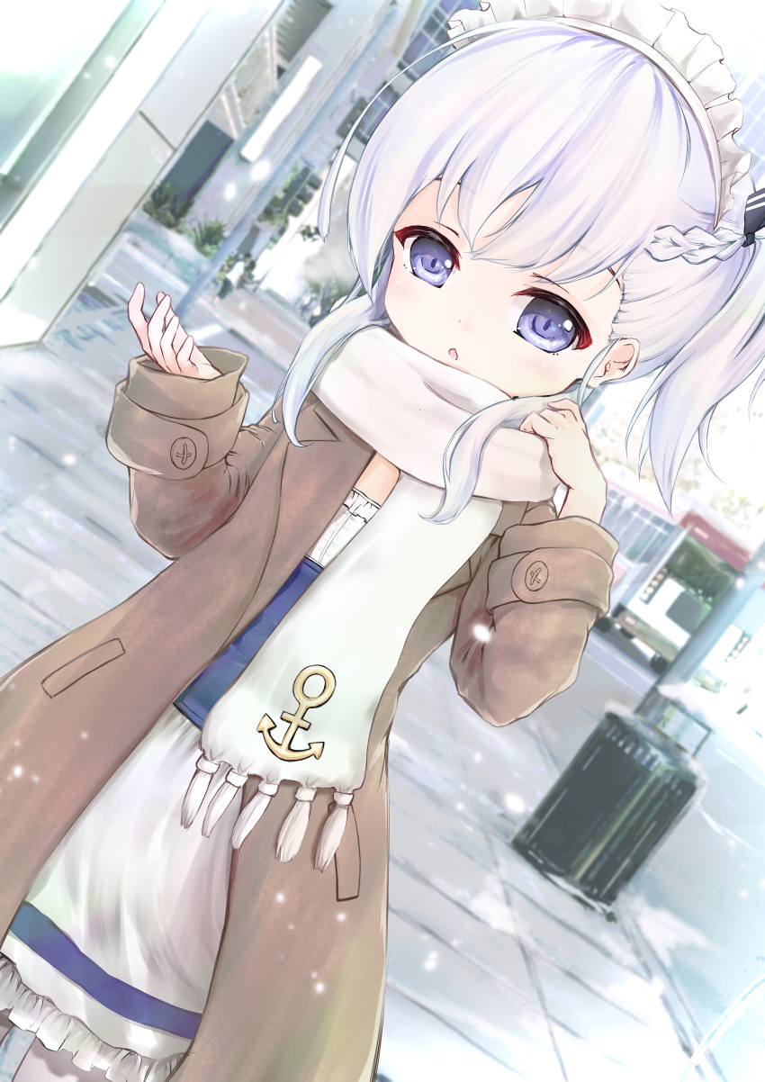 1girl absurdres anchor_symbol apron azur_lane bangs belchan_(azur_lane) belfast_(azur_lane) black_ribbon blue_dress blurry blurry_background blush braid brown_coat coat commentary day depth_of_field dress dutch_angle eyebrows_visible_through_hair frilled_dress frills fringe_trim hair_ribbon hands_up highres long_hair long_sleeves looking_at_viewer maid maid_headdress maru_shion open_clothes open_coat outdoors parted_lips ribbon road scarf sleeves_past_wrists solo street violet_eyes waist_apron white_apron white_hair white_scarf