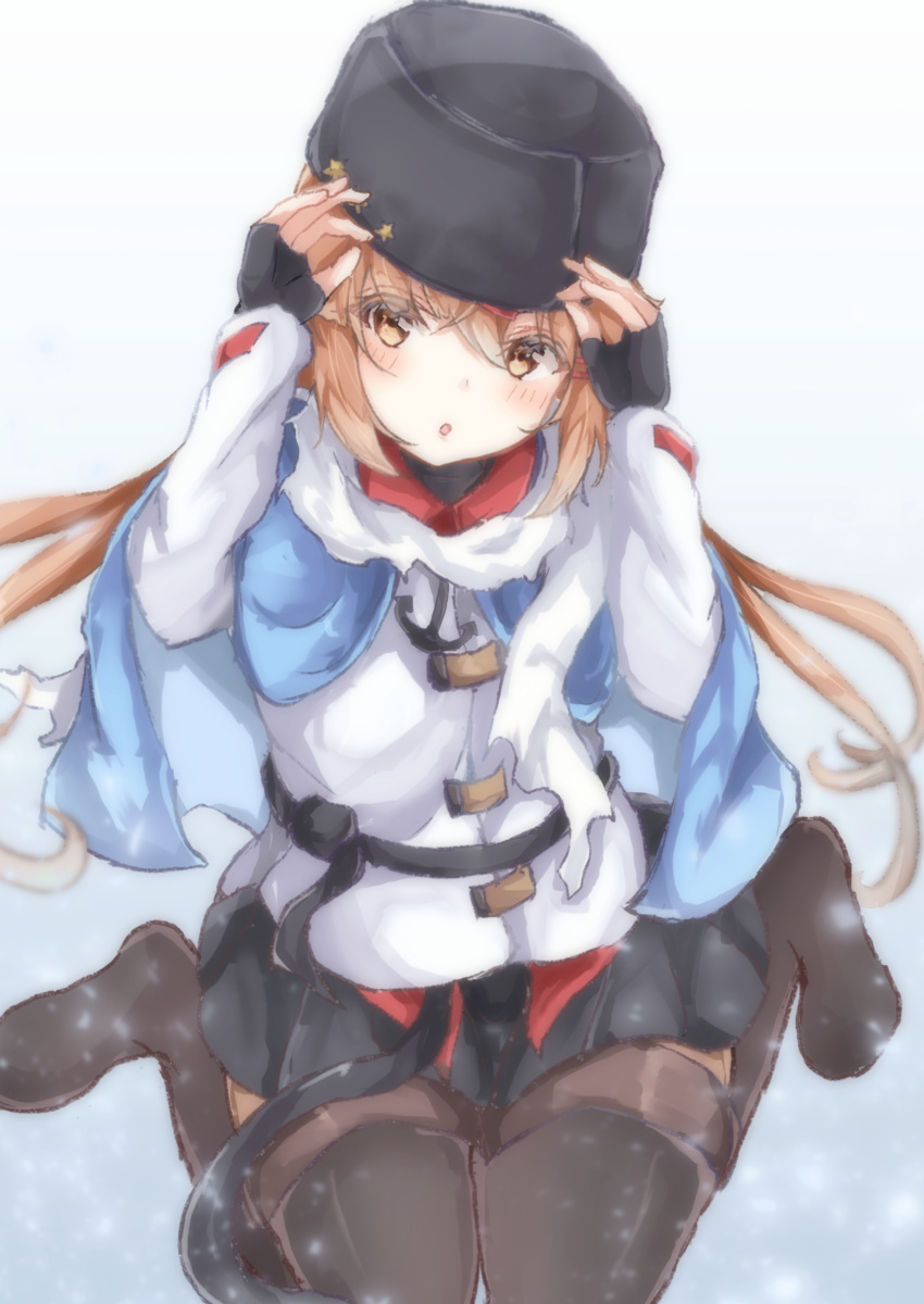 1girl absurdres adjusting_clothes adjusting_hat artist_name black_headwear black_skirt blue_shawl blush boots bow brown_eyes brown_hair dated eyebrows_visible_through_hair fingerless_gloves gloves hair_between_eyes hair_ornament hairclip hat highres jacket kantai_collection kneeling light_brown_hair long_hair looking_at_viewer low_twintails open_mouth papakha sa-ya2 scarf shawl sitting skirt solo star star_hat_ornament tashkent_(kantai_collection) thigh-highs thigh_boots torn_scarf twintails wariza white_jacket white_scarf