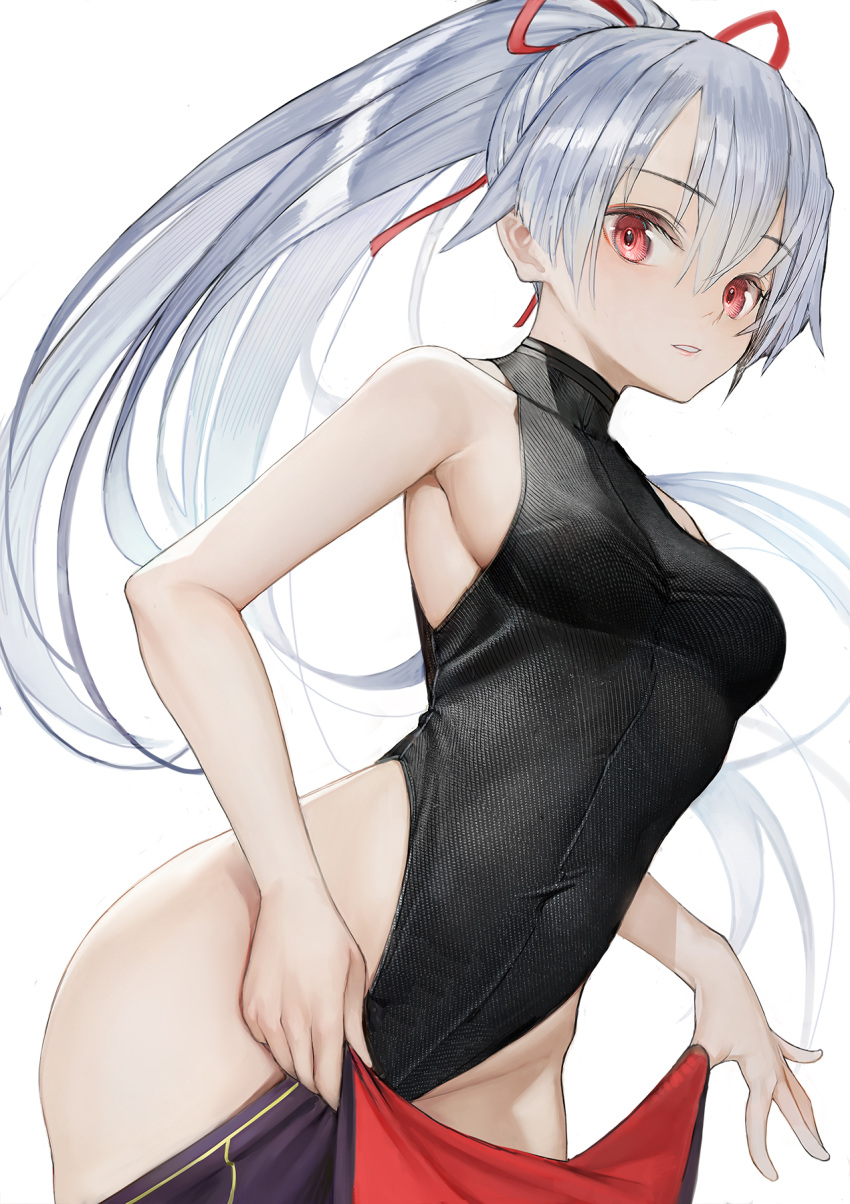 1girl black_leotard black_undershirt commentary_request covered_navel dressing fate/grand_order fate_(series) hair_between_eyes highres leotard long_hair looking_at_viewer nyatabe parted_lips ponytail red_eyes red_ribbon ribbon silver_hair solo tomoe_gozen_(fate/grand_order) turtleneck_leotard white_background