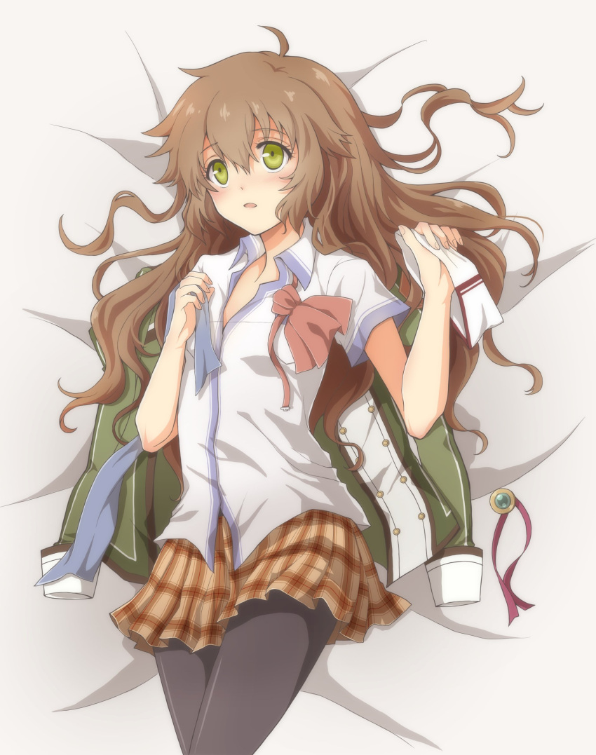 1girl aono_(aonocrotowa) bangs bed_sheet black_legwear blush brown_hair brown_skirt collared_shirt cowboy_shot curly_hair dress_shirt eiyuu_densetsu eyebrows_visible_through_hair from_above green_eyes green_jacket hair_between_eyes highres jacket jacket_removed long_hair lying miniskirt on_back open_mouth pantyhose plaid plaid_skirt pleated_skirt sen_no_kiseki shiny shiny_hair shirt short_sleeves skirt solo towa_herschel very_long_hair white_shirt wing_collar