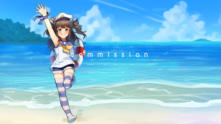 1girl beach blue_legwear blush brown_hair commission day hat kamille_(vcx68) lifebuoy long_hair neckerchief ocean original outdoors parted_lips sleeves_past_wrists smile solo striped striped_legwear teeth thigh-highs water watermark wet wet_clothes wet_thighhighs white_headwear white_legwear yellow_neckwear